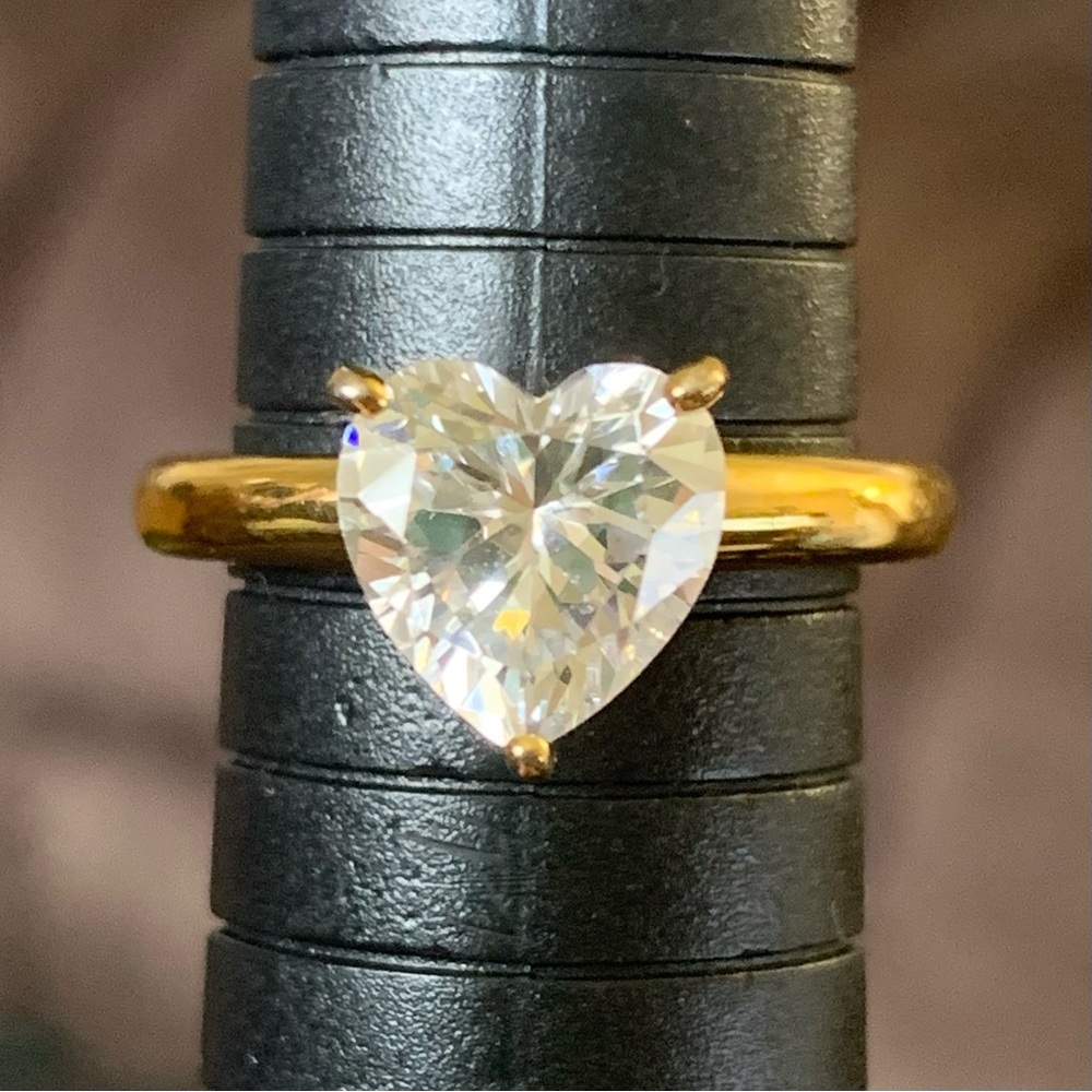 Diamonique 14K Yellow Clad Over Sterling Silver Heart Solitaire Ring - Picture 3 of 14